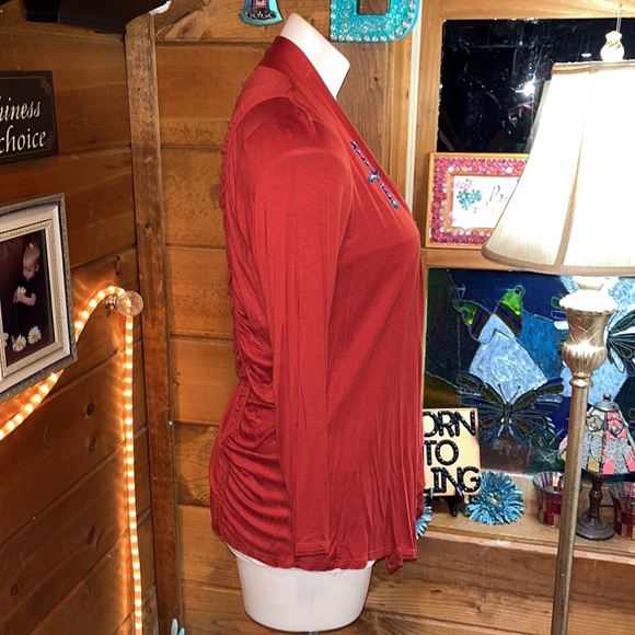 COPPER/RUST open cardigan crystal cross detail 3/4 sleeve tailored back NWT - Picture 6 of 7